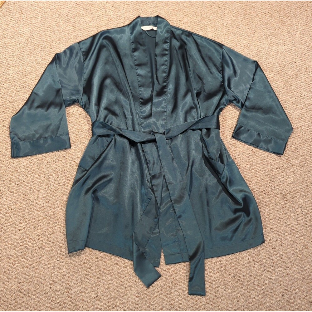 Victorias Secret Satin Robe Green One Size Belted Pocket 90s Lounge Evening